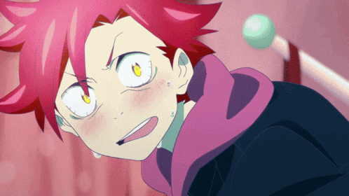 a cartoon character with red hair and yellow eyes looks surprised