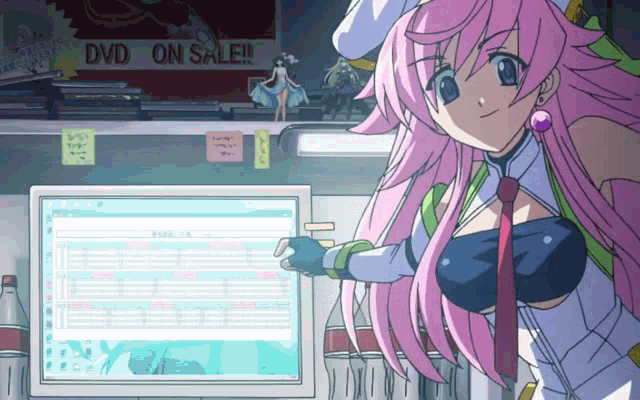 a girl with pink hair stands in front of a computer screen that says dvd on sale