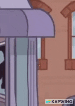 a yellow cartoon character is peeking out from behind a purple curtain with a kapwing logo in the corner