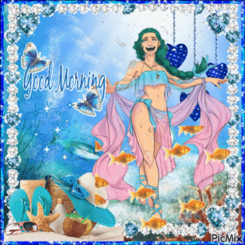 a picture of a woman in a bikini with the words good morning written on it