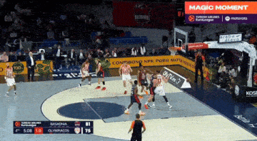 a basketball game is being played between baskonia and olympiacos and the score is 81 to 75