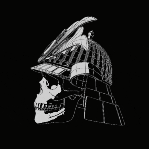 a black and white drawing of a samurai skull