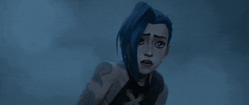 a woman with blue hair is screaming with her mouth open in a dark room .