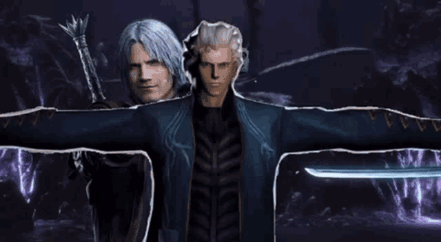 two devil may cry characters are standing next to each other with their arms outstretched