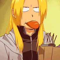 a cartoon character with long blonde hair making a face