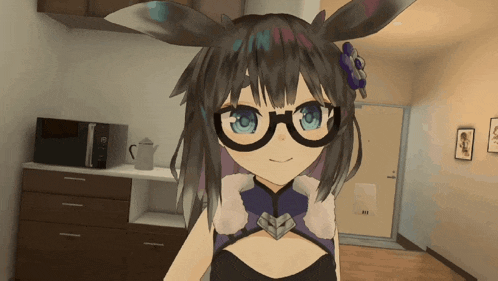 a girl with glasses and a flower in her hair is standing in a kitchen
