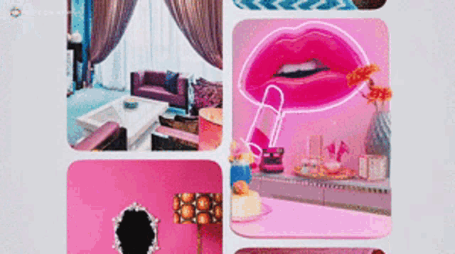 a collage of pink images including a neon sign of a woman 's lips