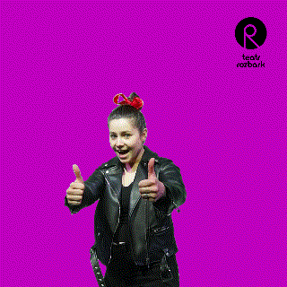 a woman in a black leather jacket is dancing in front of a purple background that says teatr rozbark on it