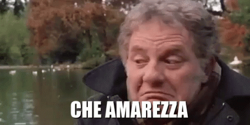 a man is standing in front of a lake with the words che amarezza on his face .