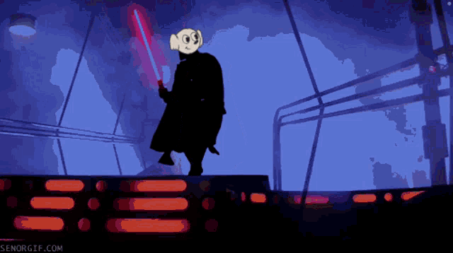 a cartoon of a man holding a red light saber with the website senorgif.com in the lower right corner