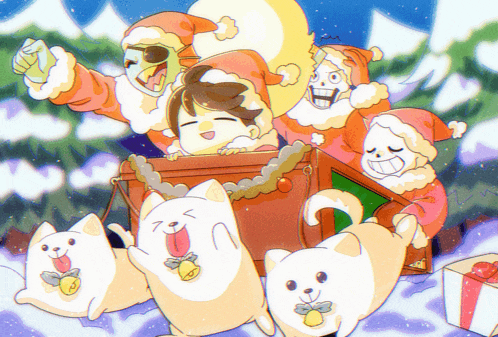 a cartoon drawing of a group of animals dressed as santa clauses