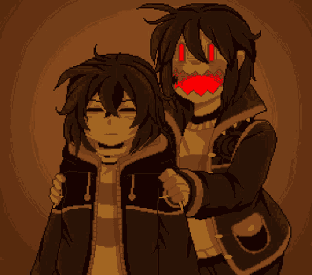 a pixel art drawing of a man and woman with red eyes