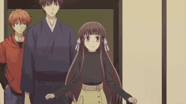 a group of anime characters are standing in a room