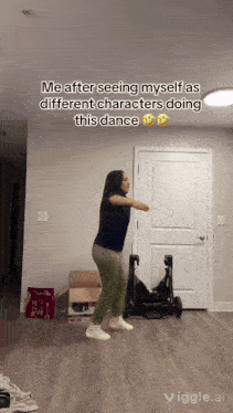 a woman is dancing in a living room with a caption that says me after seeing myself as different characters doing this dance ..