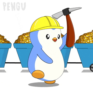 a penguin wearing a hard hat holds a pickaxe