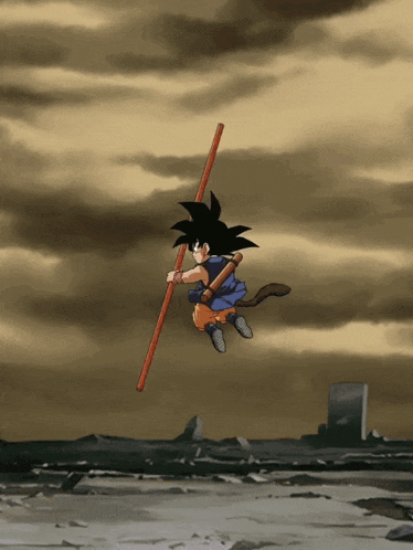 a cartoon character flying through the air with a stick