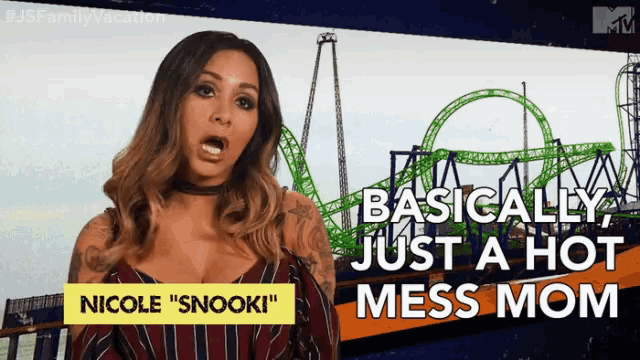 a woman with a roller coaster in the background says " basically just a hot mess mom "