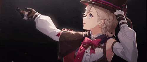 a girl wearing a top hat and gloves is pointing her finger