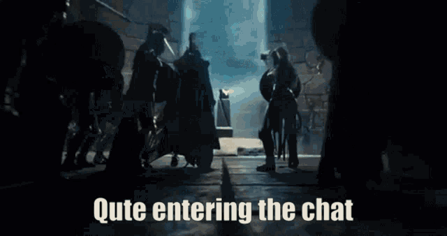 a group of people standing in a dark room with the words quite entering the chat on the bottom