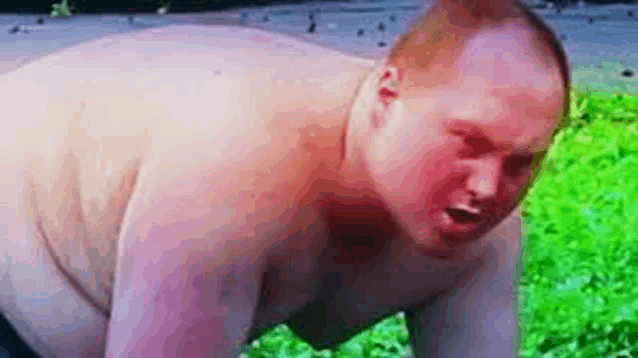 a shirtless man is kneeling down in the grass with his mouth open .