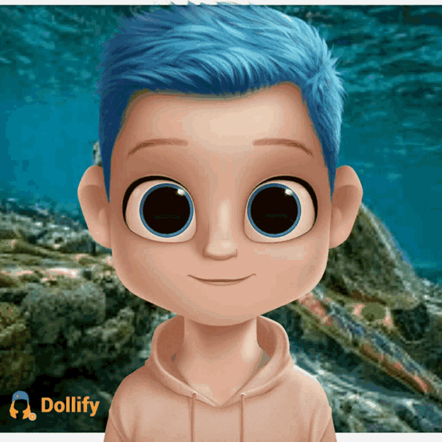 a cartoon boy with blue hair and a dollify logo