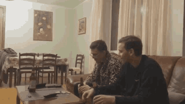 two men sit on a couch in a living room