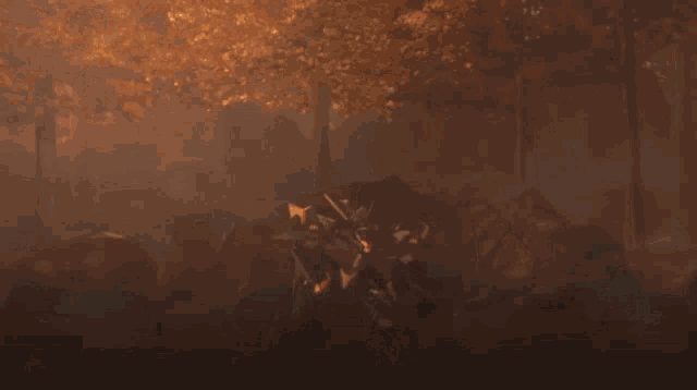 a robot with a blue wing is standing in the woods