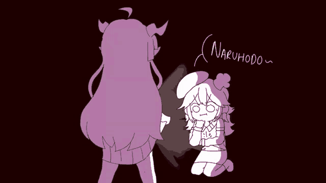 a drawing of a girl with horns standing next to another girl with horns and the word naruhodo written on the bottom