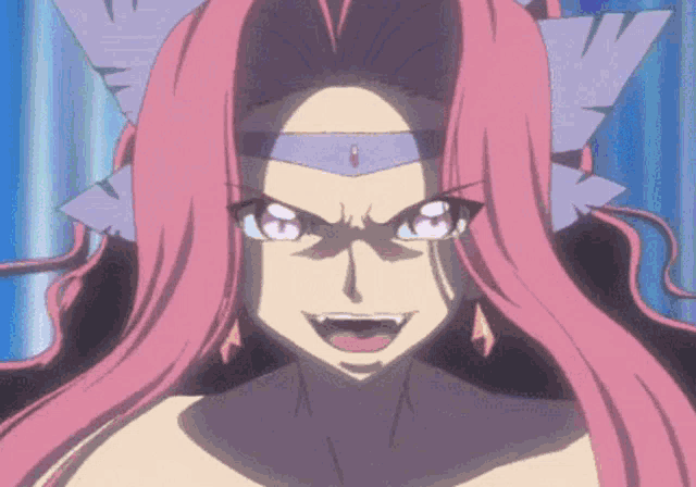 a cartoon character with pink hair and purple eyes looks angry