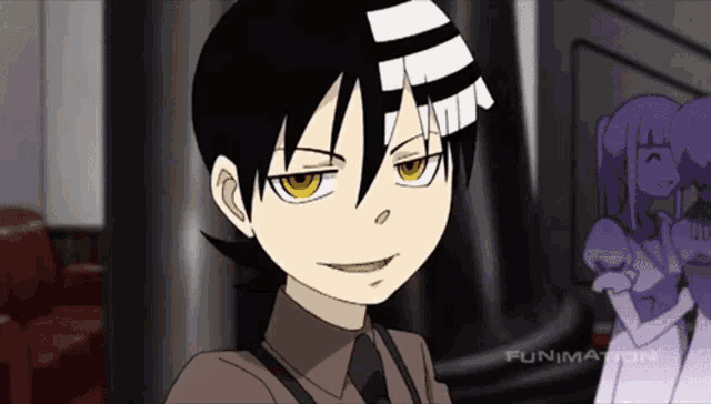 a cartoon character with black hair and yellow eyes is smiling while standing next to a woman .
