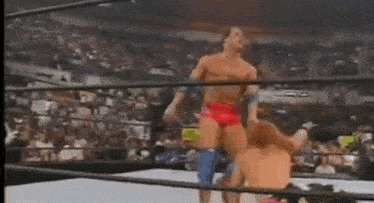a man is standing in a wrestling ring with another man .