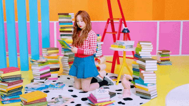 a girl in a blue skirt is reading a book surrounded by stacks of books