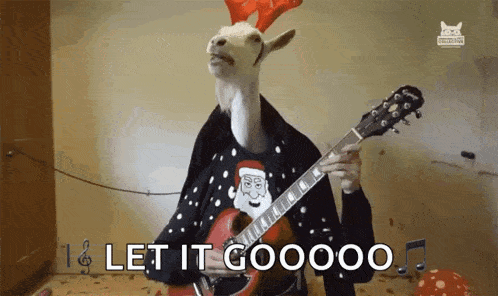a goat wearing a christmas sweater is playing a guitar and says let it gooooo