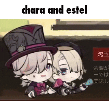 a couple of cartoon characters are sitting next to each other with the words chara and estel above them