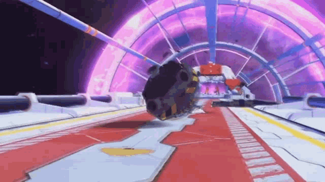 a person is riding a roller coaster in a video game while a purple light is behind them .