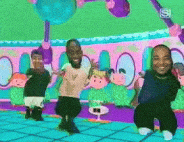 a group of people are dancing in front of a sign that says ' s ' on it