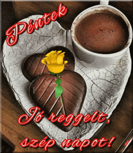 a greeting card with a cup of coffee and chocolate hearts