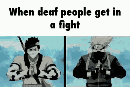 when deaf people get in a fight , two ninjas are fighting each other .
