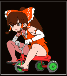 a cartoon of a girl riding a red tricycle with green wheels