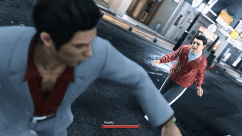 a man in a red jacket is fighting another man in a video game called negishi