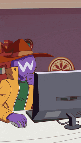a cartoon character with the letter w on his face is looking at a computer screen