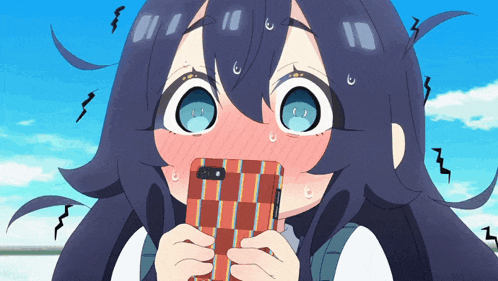 a cartoon girl is holding a cell phone in her hands