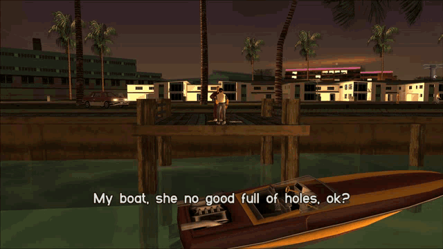 a screenshot of a video game shows a man standing on a dock talking to another man