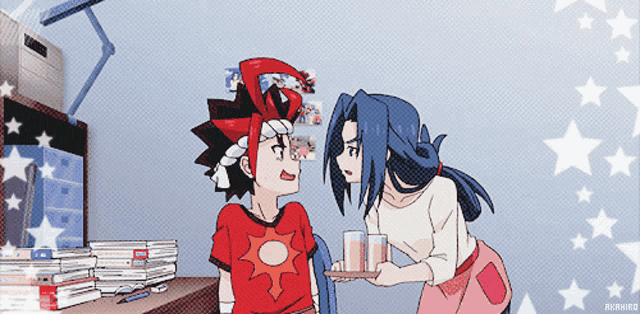 a cartoon of a woman holding a tray of drinks next to a boy