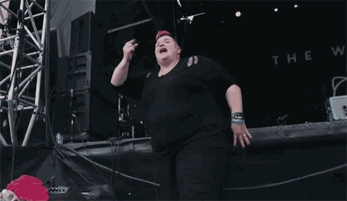a woman in a black shirt is dancing on a stage with the word womba on it