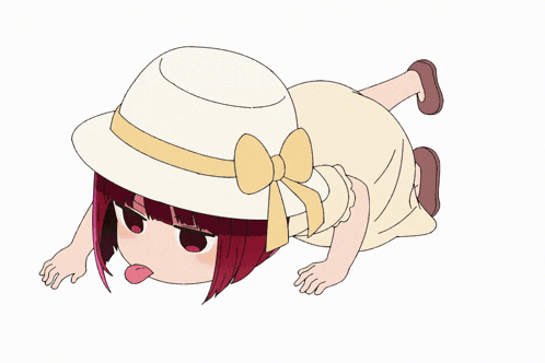 a cartoon of a girl wearing a white hat with a yellow bow sticking out her tongue
