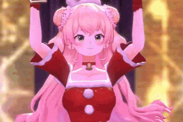 a girl with long pink hair is wearing a santa outfit