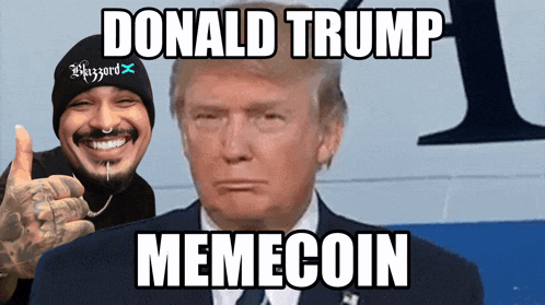 donald trump memecoin is displayed next to a man with a nose ring