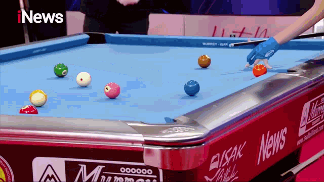a pool table sponsored by inews is being played