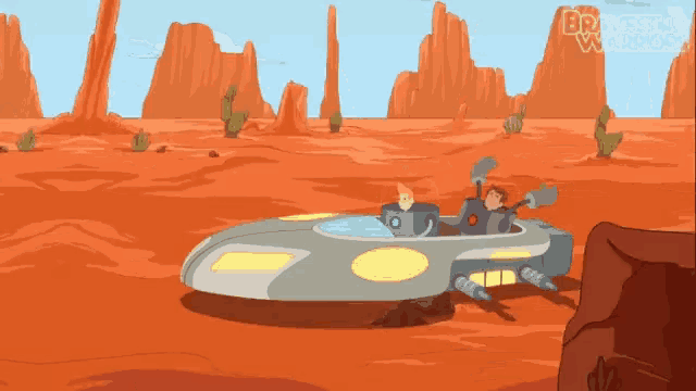 a cartoon of a man driving a spaceship in a desert with brawny world written in the corner